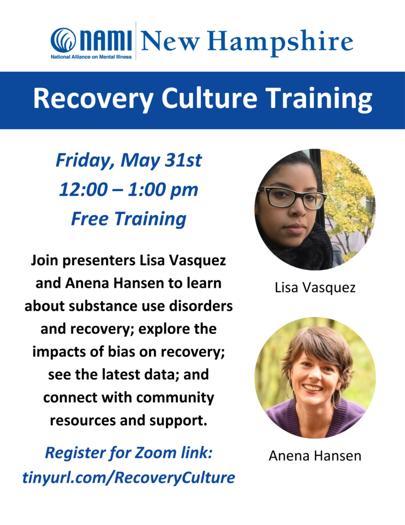 Join presenters Lisa Vasquez and Anena Hansen to learn about substance use disorders and recovery; explore the impacts of bias on recovery; see the latest data; and connect with community resources and support.