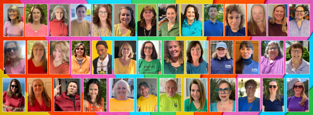 A grid of photos of 39 people each wearing shirts of different colors in order from left to right of red, orange, yellow, green, blue, and purple.