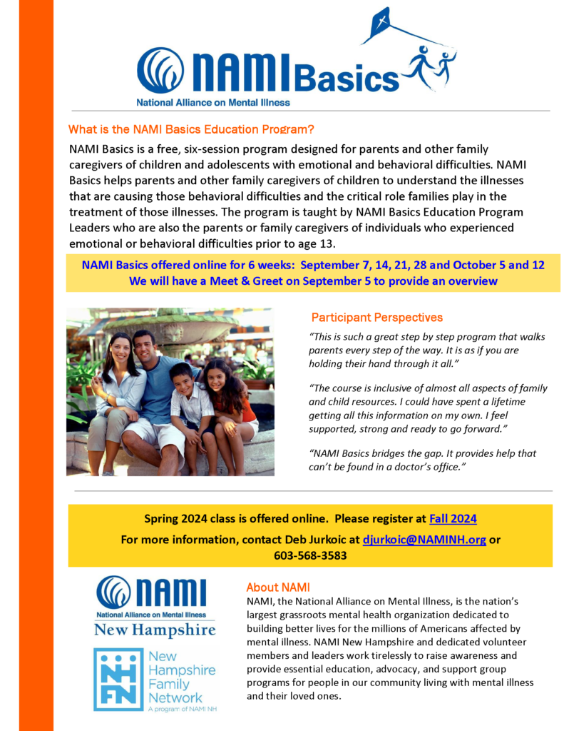 NAMI Basics program flyer with a family of four sitting on a fountain.