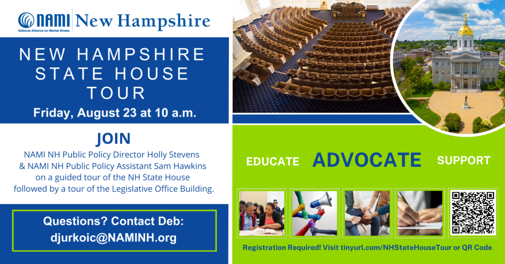 Educate Advocate Support. Collage of images - Aerial view of the NH State House exterior, rows of chairs inside where State Representatives meet, a man and woman looking at a book, arms in multiple colors holding each others wrists, four people holding hands, closeup of someone holding a pen and writing.